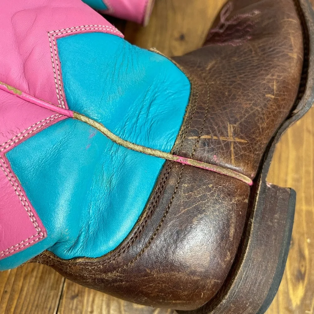 Macie Bean Girls Brown Western Boots with Pink, Teal & White Chevron Shaft